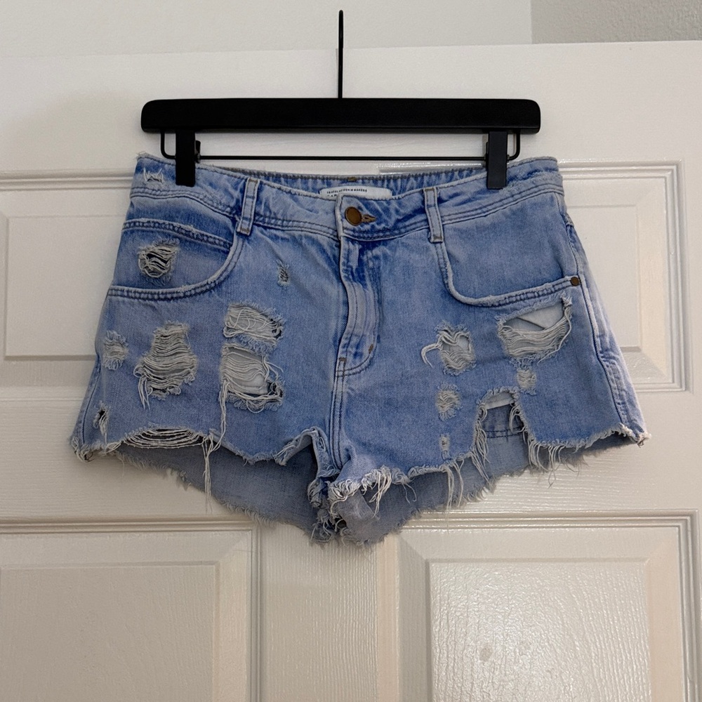 Zara Light Blue Distressed Jean Shorts